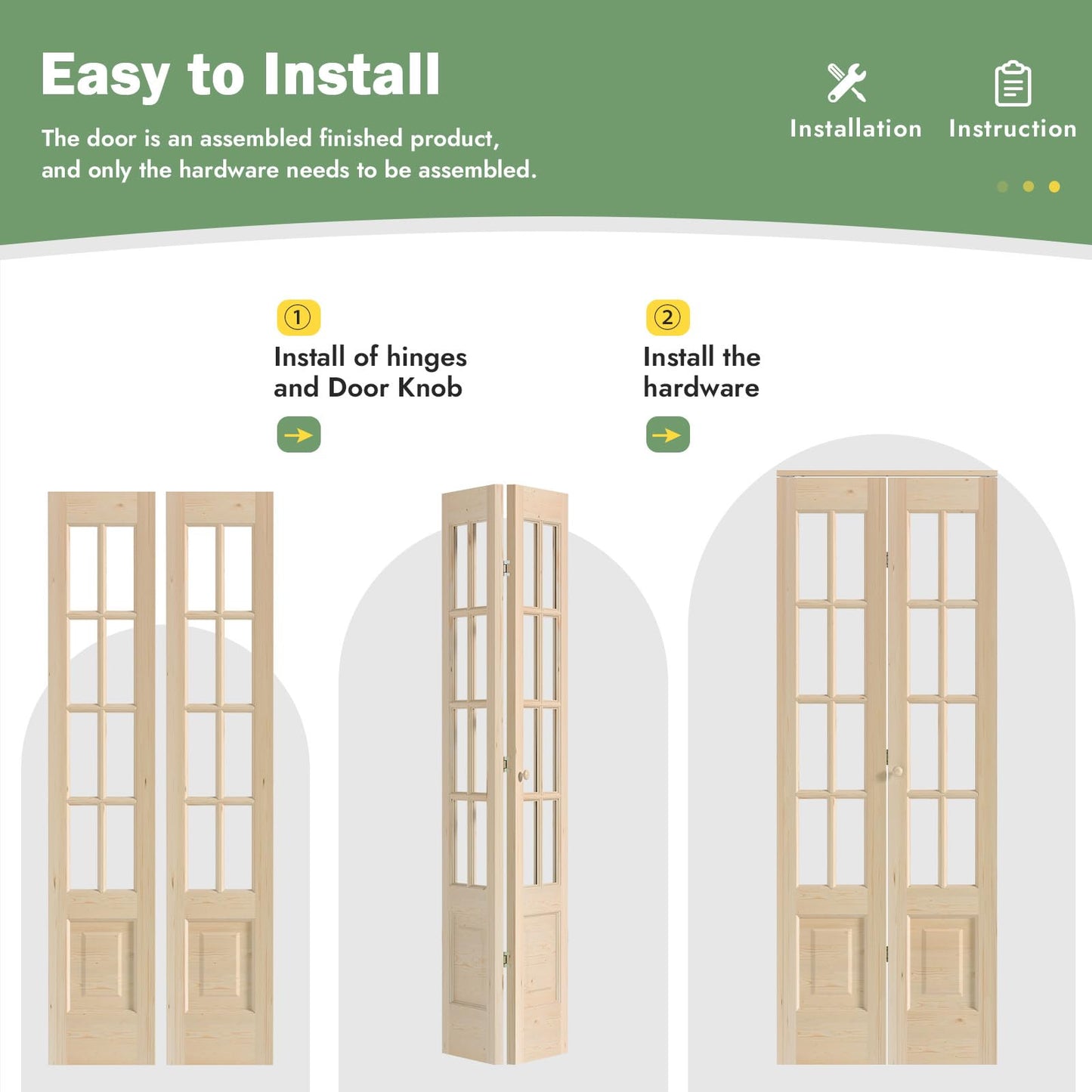 Roymelo Bifold Doors for 36"×80" Opening, Clear Glass French Interior Folding Barn Door with Concealed Hardware Kit Included, Spruce Wood Support DIY Dyeing, Preassembled Door, Save Space