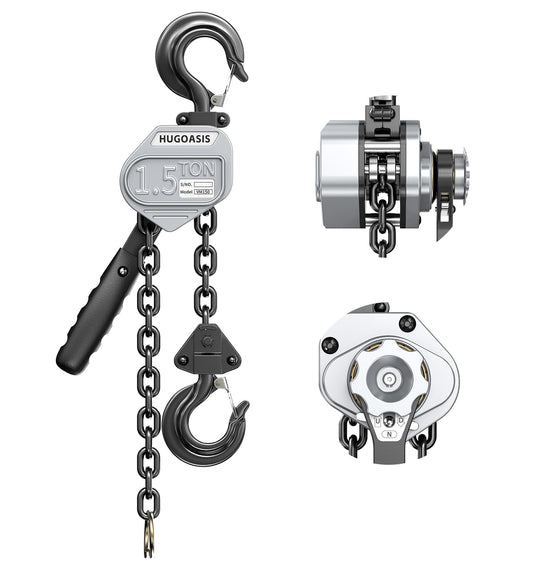 HUGOASIS Mini Lever Hoist 1-1/2 TON 3300 LBS Capacity 10FT Lift, Portable Aluminum Ratchet Chain Hoist with G80 Alloy Steel Chain, Dual Brake Hand Chain Puller for Lifting & Pulling,Silver