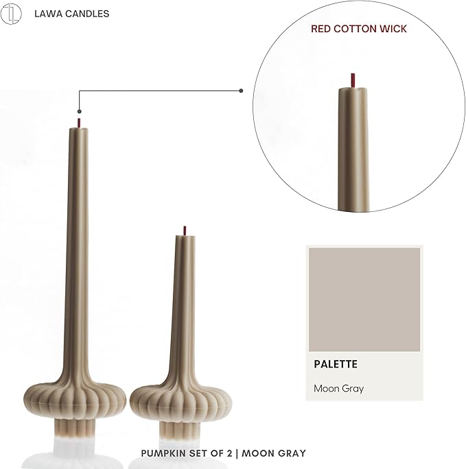 LAWA Set of 2 Pumpkin Base Candle - Beautiful Handmade Pillar Unscented Soy Wax Elegant Aesthetic Vase Candle Housewarming Gift Home Room Shelf Decor Idea Moon Gray