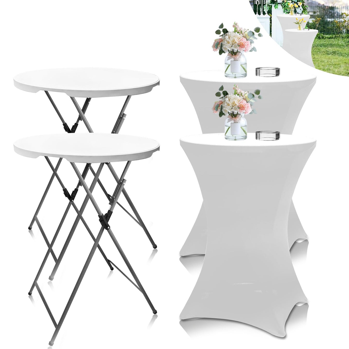 THESEATOP 2Sets 32in Hightop Folding Cocktail Tables+Covers, White-Spandex Stretch Folding Bar Table Covers, Removable Legs Bar Height Folding Table Outdoor Indoor Use (2+2White/2Covers+2Tables)