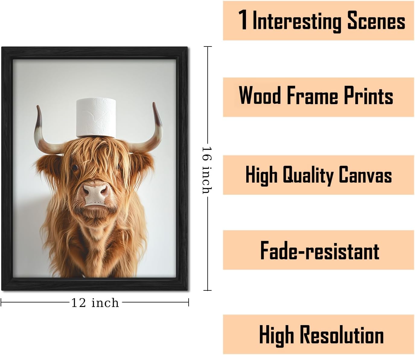 ZXDZSM Highland Cow Wall Art - Funny Rustic Bathroom Decor Canvas Print | Framed 12x16 Inch