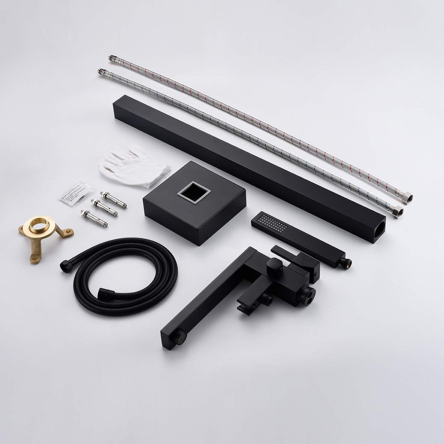 Wowkk Freestanding Bathtub Faucet Tub Filler Black Floor Mount Bathroom Faucets Brass Single Handle with Hand Shower
