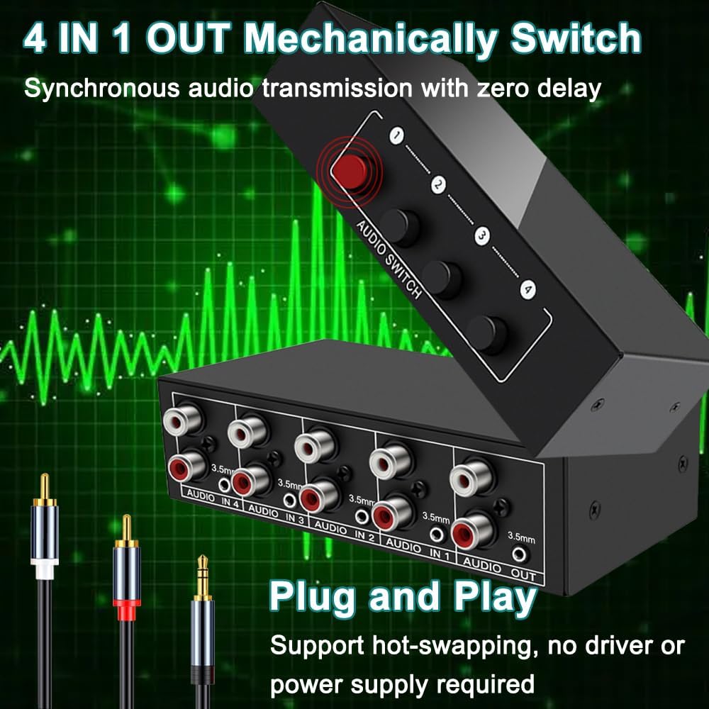 FlyroadUp 3.5mm 4 1 Aux + RCA L/R Bi-Directional Stereo Audio Switch in Out A/B Analog Audio Switcher Selector