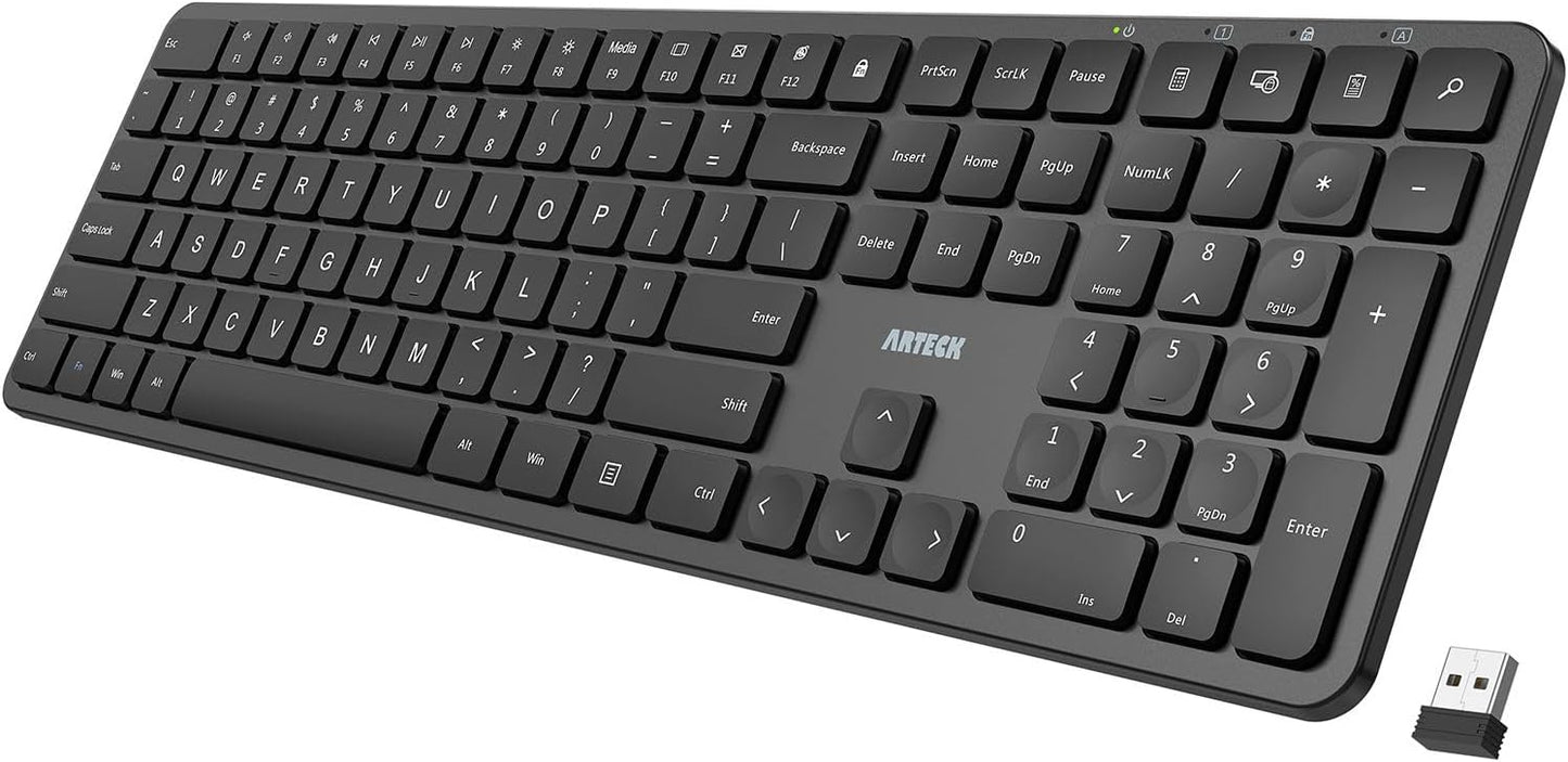 Arteck 2.4G 11/10 USB Wireless Keyboard Ultra Slim Full Size Keyboard with Numeric Keypad and Media Hotkey