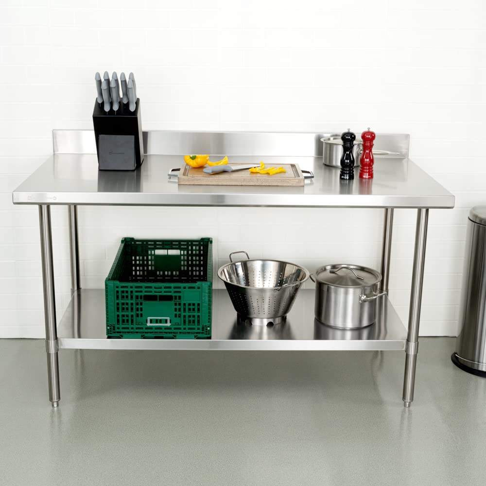 Restaurantware Kitchen Tek 30 x 60 Inch Stainless Steel Table 1 Commercial Work Table - 4" Backsplash Adjustable Feet Stainless Steel 304 Metal Table Great For Food Prep For Home Or Hotel