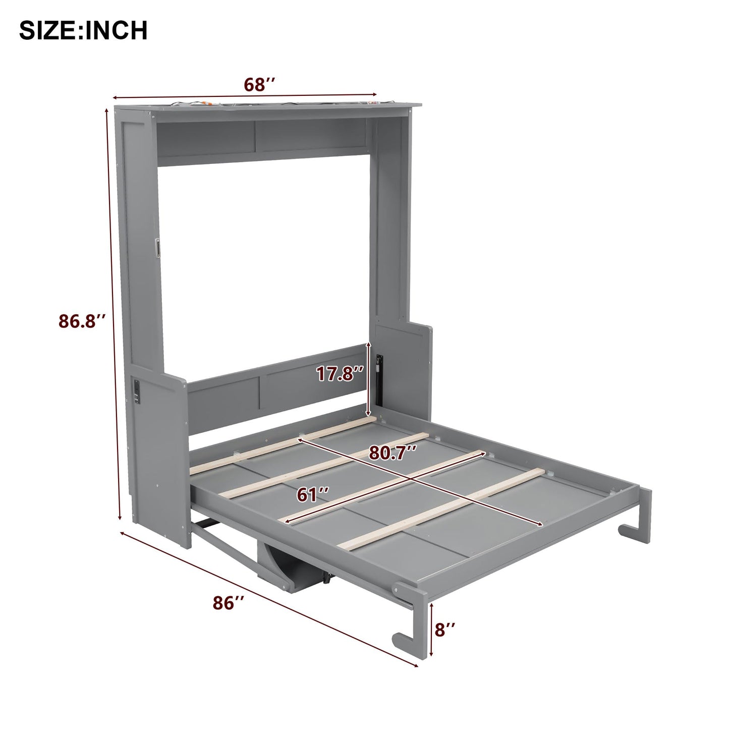 GDFStudio Queen Size Murphy Bed with Desk, LED Lights and USB Charging Ports, Wall-Mounted Space-Saving Bed, Solid MDF + Plywood, Foldable Design, Modern Home Office and Guest Room Solution, Gray