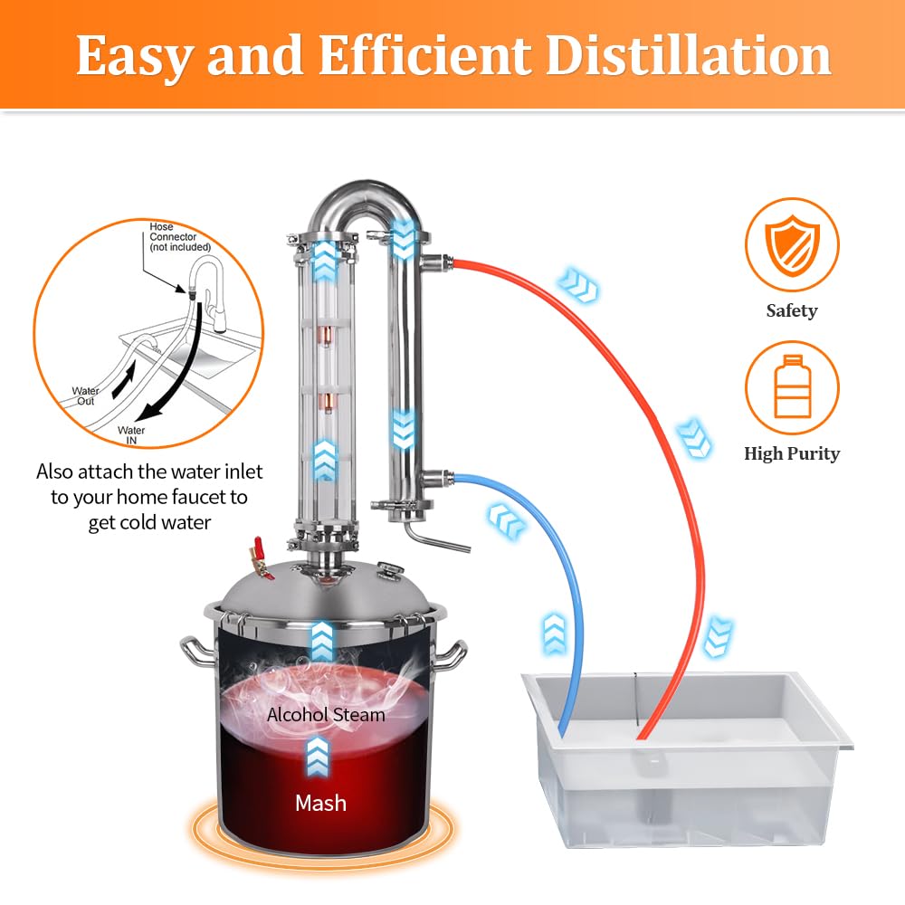 YUEWO Alcohol Still 5.8GAL/13.2GAL Stainless Steel Alcohol Distiller Home Brewing Distillery Kit with 2” Crystal Still Column for DIY Whisky Wine Brandy Gin Vodka Alcohol Making