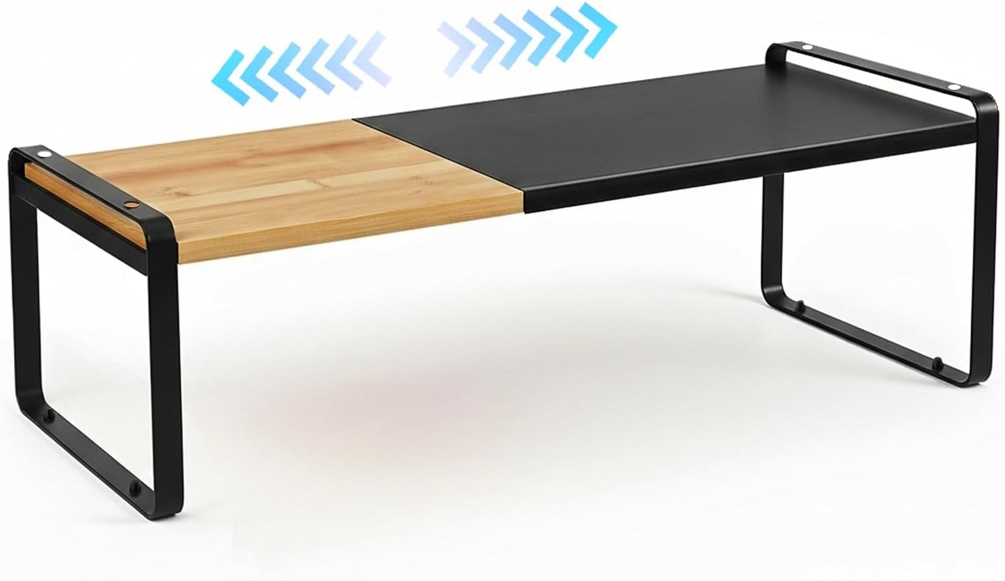 Solcasaco Expandable Desk Shelf Organizer, Sturdy Bamboo Desktop Riser for Monitor, Laptop & Office Storage, Modern