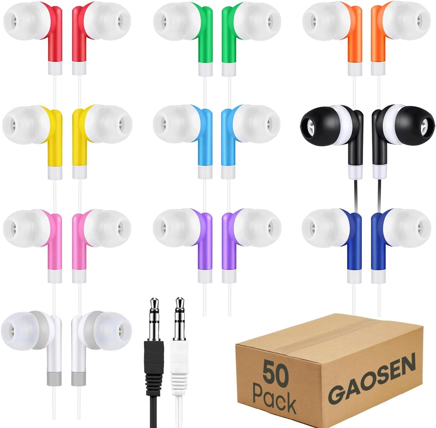 Gaosen 50 Pack 3.5 mm PC(GS01, 50 Bulk Kids Earbuds for School Classroom, Multi Colored Student Wired Headphones