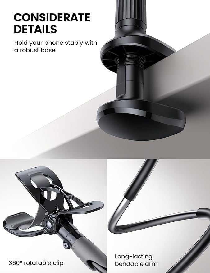 Lamicall Gooseneck Phone Holder for Bed - Cell Phone Mount Clamp Clip, Flexible Long Arm, Overhead Mount for Desk Headboard Bedside, Gifts for iPhone Air 17 Pro Max, 16 15 14 Pro Max and 4-7" Phone