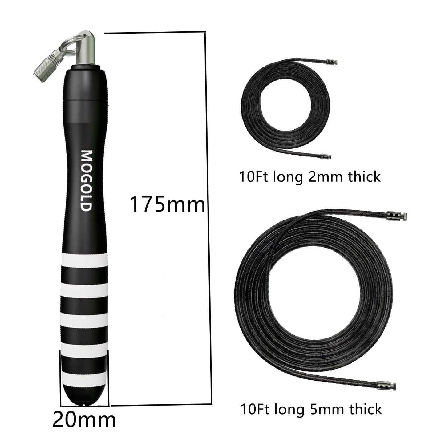 MOGOLD DIY Adjustable Weight Jump Rope (0.4LB /1/2LB/0.7LB /0.8LB) Interchangeable 2mm & 5mm Cable for CrossFit, Double Unders, HIIT Workouts - Fast Clamp System, 10ft Adjustable