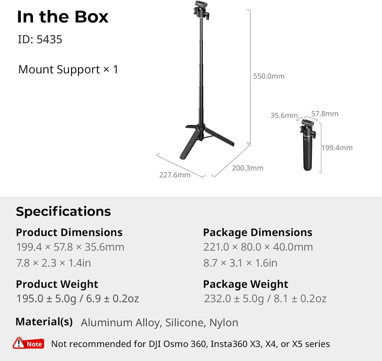 SMALLRIG 7.8-21.6in 360 5 Pro/4, 1/4-20" 13/12/11, 5435 Action Camera Selfie Stick Tripod, Extendable, Ball Head, Cold