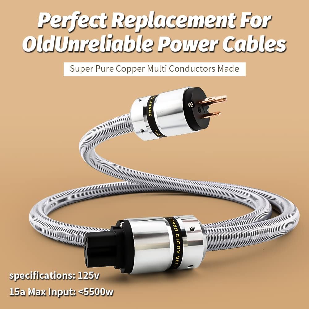 Tertullus 3-Prong 14AWG 125V 15A (1M 3.28FT) HiFi Audiophile AC Highend Audio Power Cable Audiophile Power Cord Silver