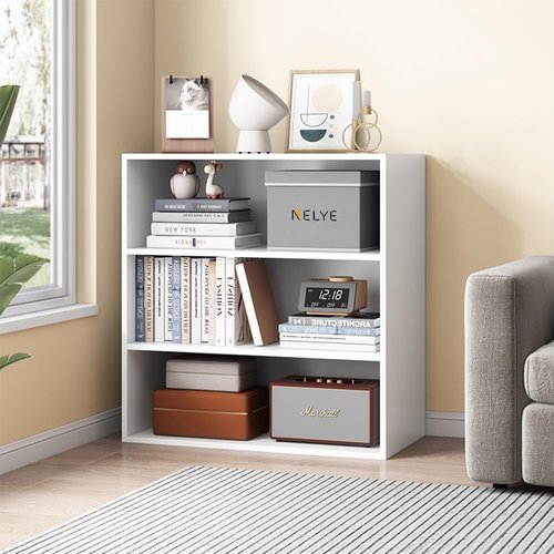 NELYÉ Basic Open Shelf Bookcase - 3-Tier Wooden Cube Storage Shelves in White