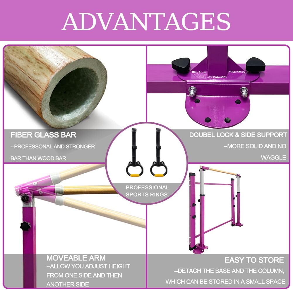GBVUGY Gymnastics Kip Bar with Mat for Home Indoor Training,Horizontal Bar for Kids Girls Junior,Adjustable Arms from 3' - 5' Gym Equipment,1-4 Levels,300lbs Weight Capacity