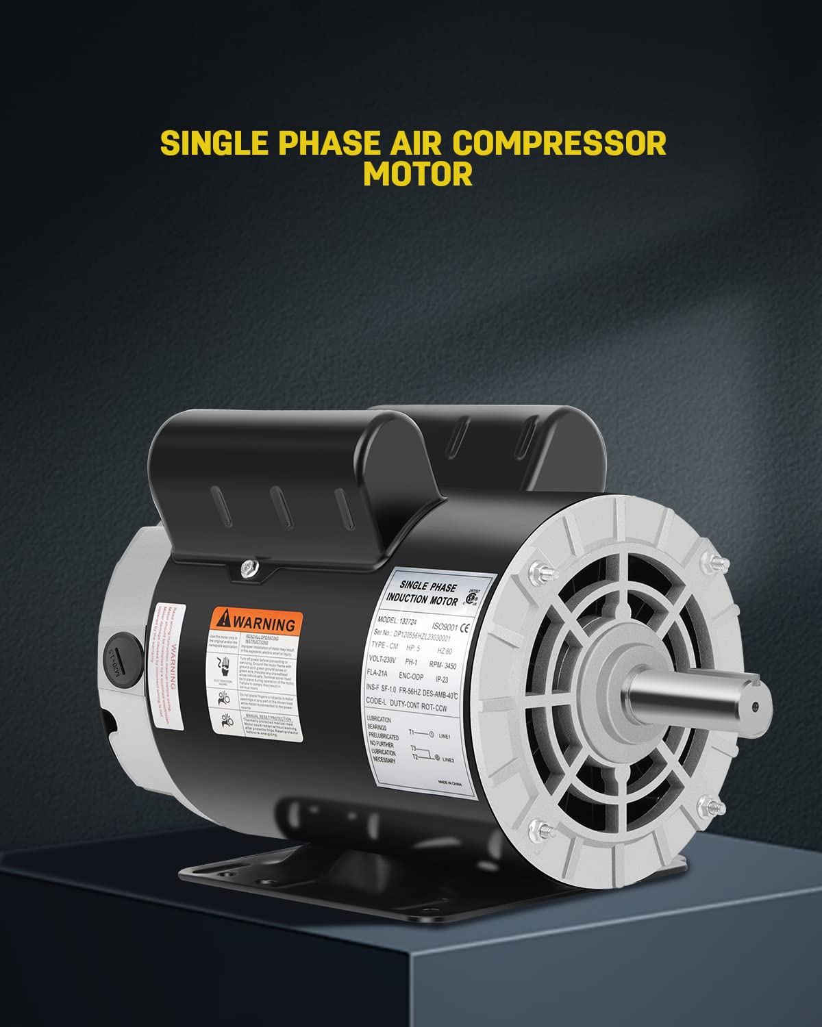 5 HP Air Compressor Motor, 3450 RPM Electric Motor, 230V Single Phase Motor, 56HZ Frame 7/8"Keyed Shaft 60 Hz, Commercial-Duty CCW Rotation, 2.25" Shaft Length for Air Compressors