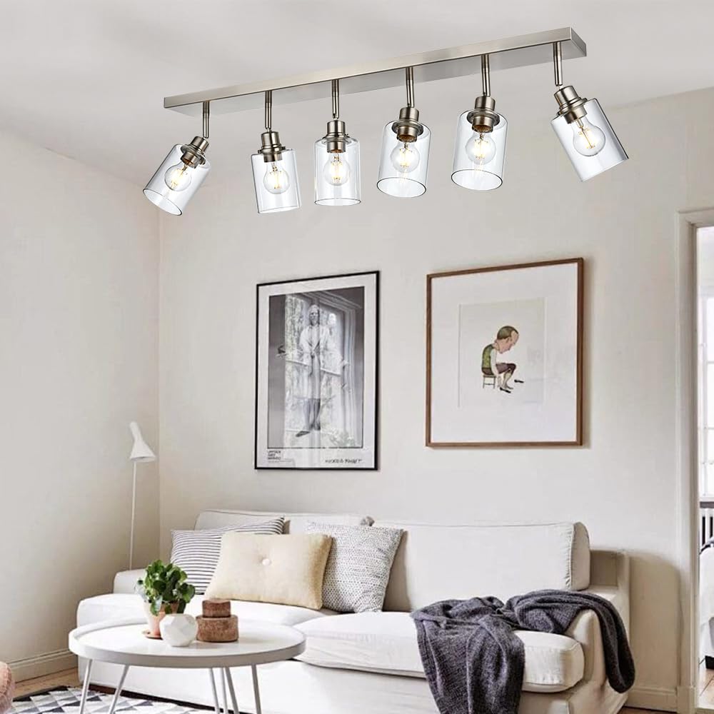 Lucidce 6-Light Adjustable Track Lighting Brushed Nickel Long Finish Tracking Light Complete Kit Industrial Ceiling Light Fixture for Kitchen Island Dining Room
