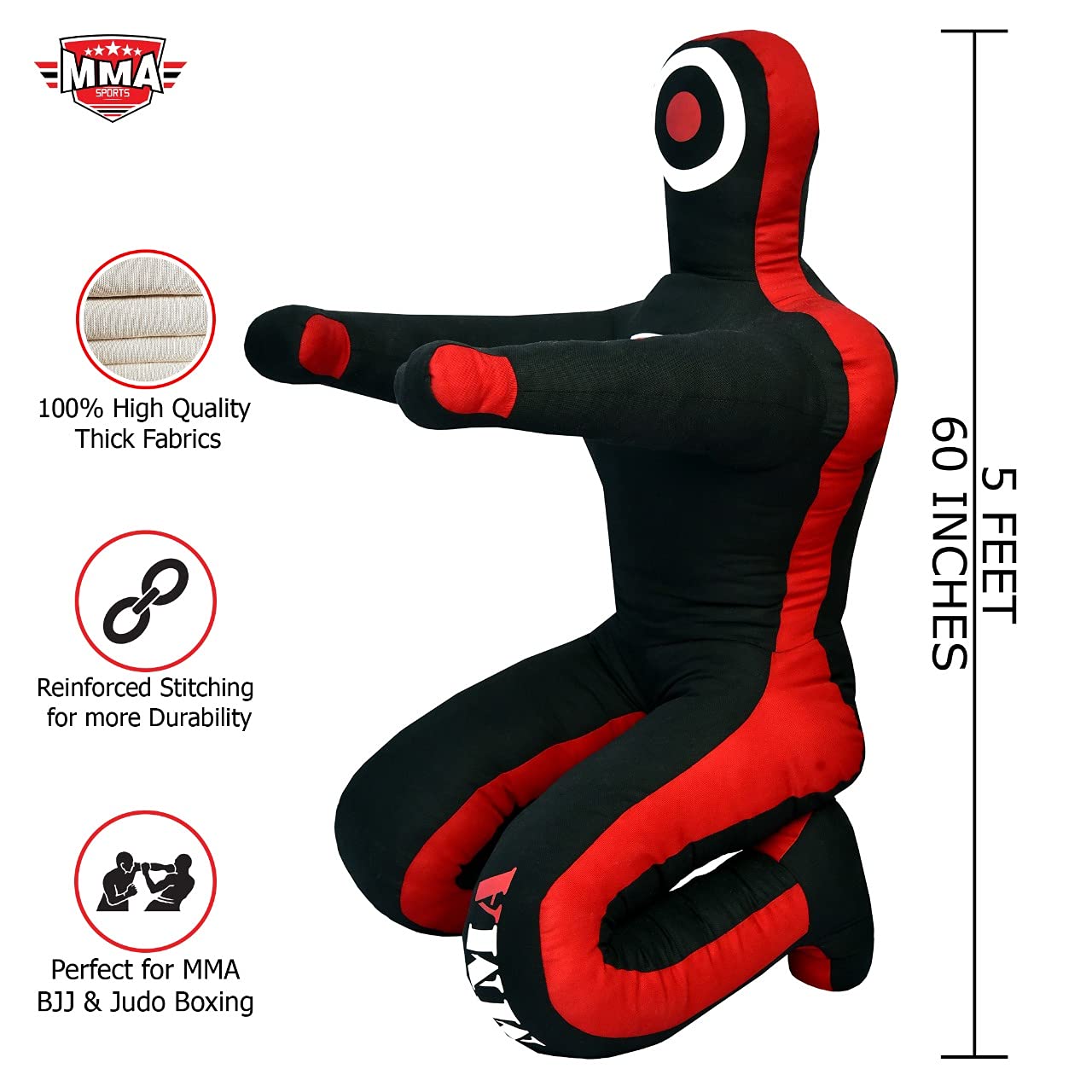 MMA SPORTS Grappling Dummy BJJ Jiu Jitsu Hands Front Judo Punching Bag Wrestling Dummies (Sitting 5 FT / 60 in ) - UNFILLED, Black
