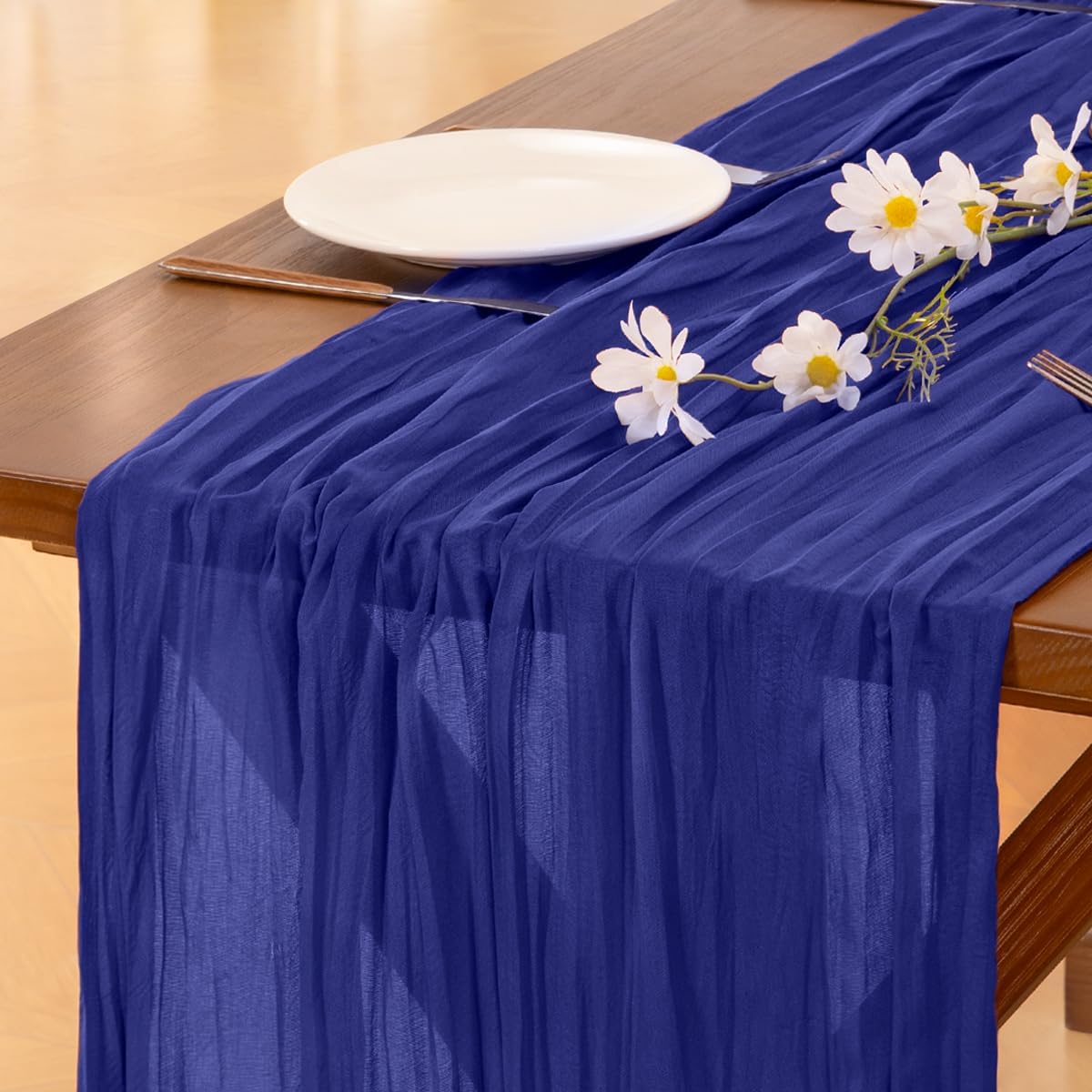 Socomi Cheesecloth Table Runner - 120 Inch Royal Blue Boho Rustic Decor for Weddings & Events