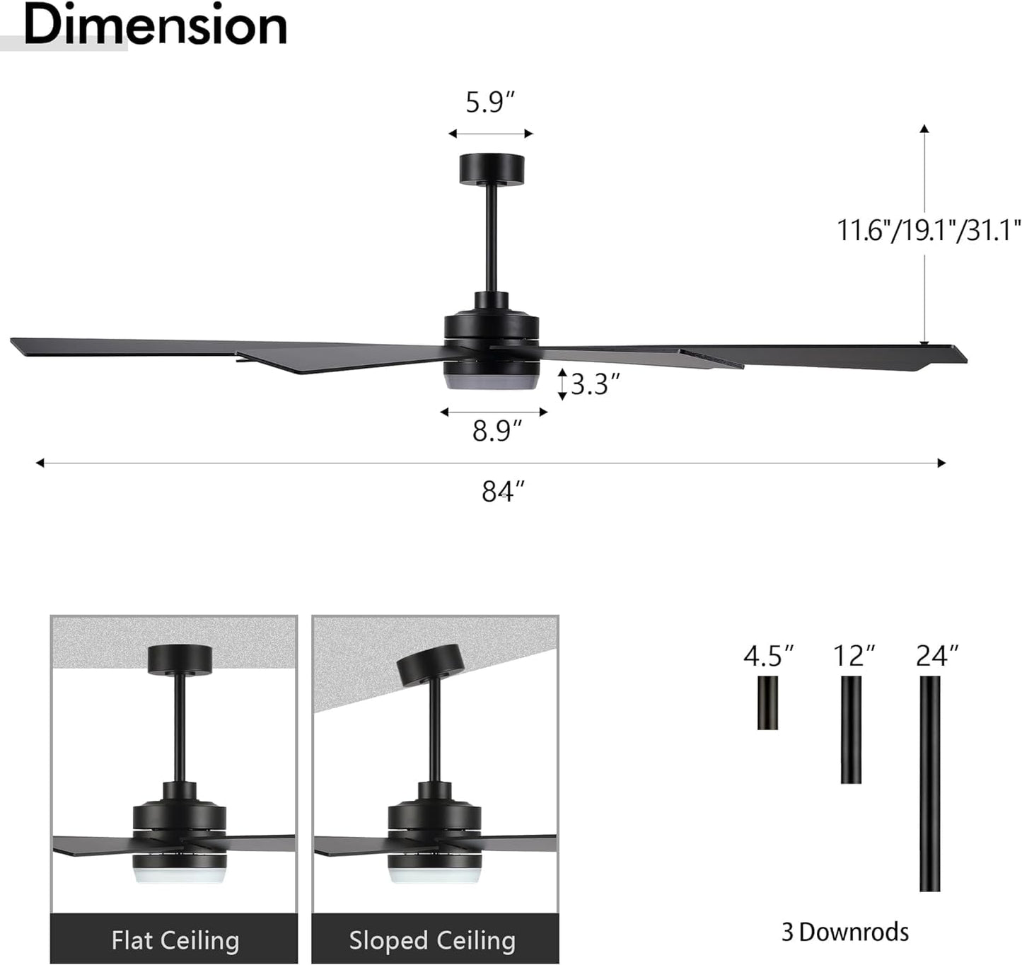 LEDLUX 84" Ceiling Fan with Light, 6-Speed Remote Control, Reversible DC Motor, Modern 9 Plywood Blades Black with 4.5"/12"/24" Downrods for Home or Commercial, Living Room/Restaurant