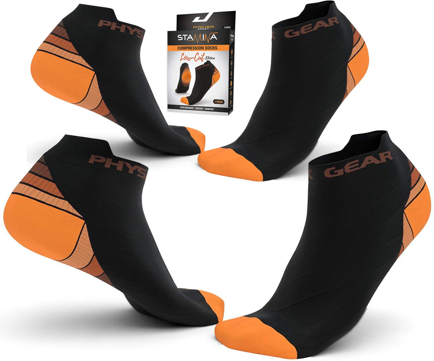 Physix Gear Short Compression Socks for Men & Women - Best Low Compression Socks Women & Men with Arch Support, Ideal for Running, Plantar Fasciitis Comfort, and Swelling - Ankle, Black/Orange, S/M