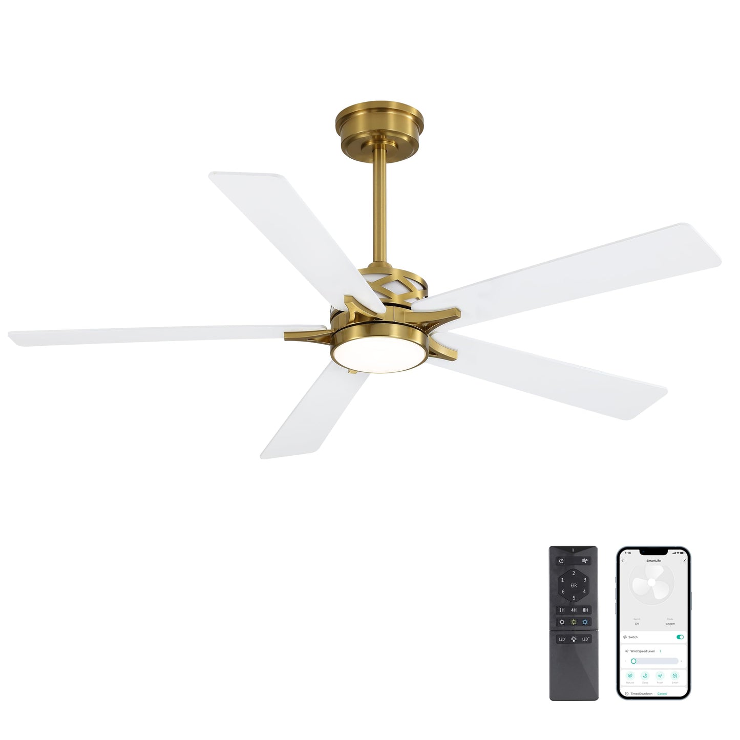 WINGBO 52" Smart Ceiling Fan with Lights, 5 Plywood Blades, 6 Speeds Reversible DC Motor, Works with Alexa and Google Assistant, 3CCT Dimmable LED Ceiling Fan for Bedroom Living Room, Brass and White