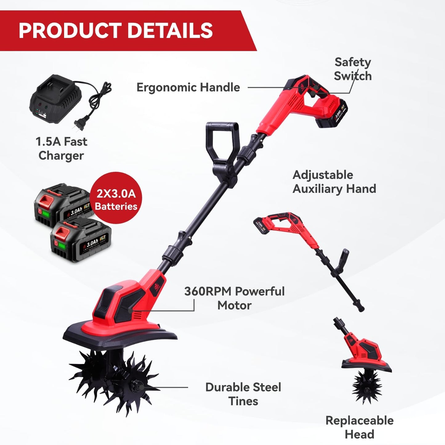 Cordless Tiller Cultivator, 360RPM Electric Garden Tiller with 2×3.0AH Batteries & 1.5A Fast Charger, Battery Powered Garden Cultivator, 9.5In Tilling Width & 6.7In Depth Garden Rototiller