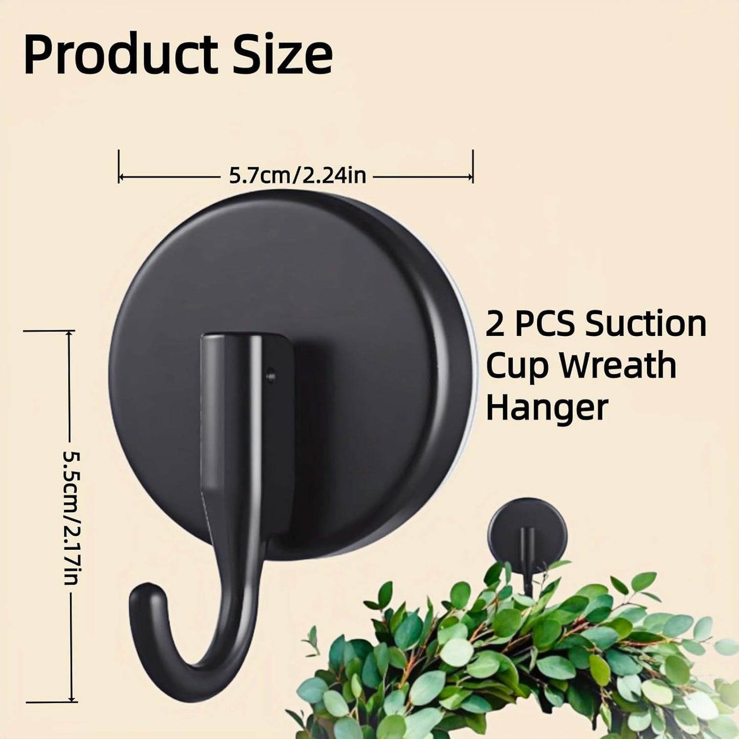 Skiennix Wreath Hanger Suction Hooks - 2 Pack Black Suction Cups for Glass & Metal | Removable Wall Hooks for Holiday Decor