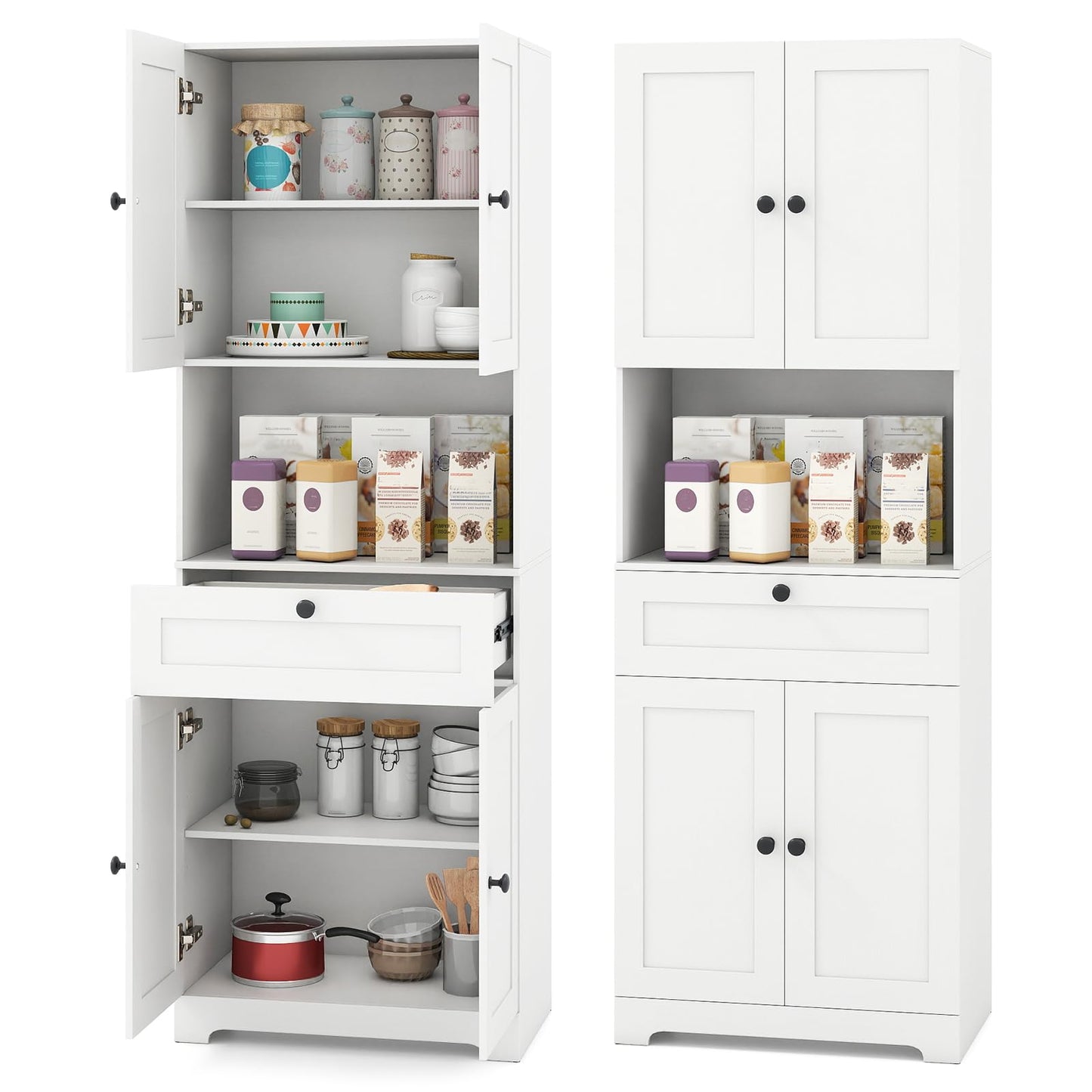 Giantex Kitchen Pantry Cabinet, 67.5" Tall Floor Storage Cabinet w/4 Doors & 1 Drawer, Modern Freestanding Bathroom Organizer w/Open Countertop & Adjustable Shelf for Dining Room, Living Room (White)