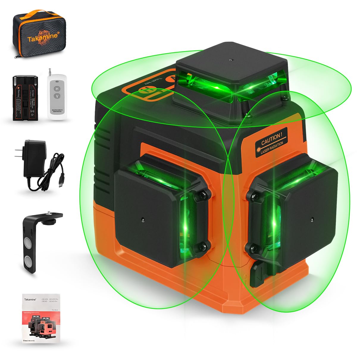 Takamine 12 Lines Laser Level Self Leveling 3x360° 3D Green Cross Line for Construction/Picture Hanging, Remote Controller, Rechargeable Li-ion battery, Magnetic Stand and portable bag