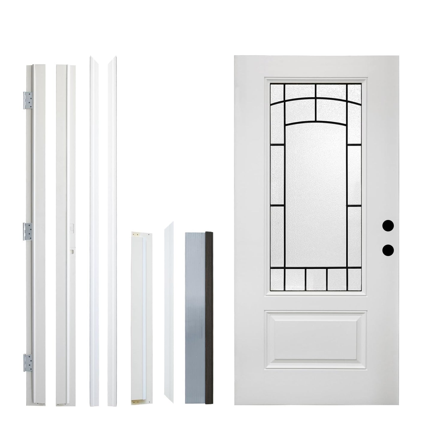 36‘’ x 80‘’ White Fiberglass Entry Door with Frosted Glass, Front Door with White Vinyl Frame and Brickmould, Left Inswing Exterior Door for Residential Entrance