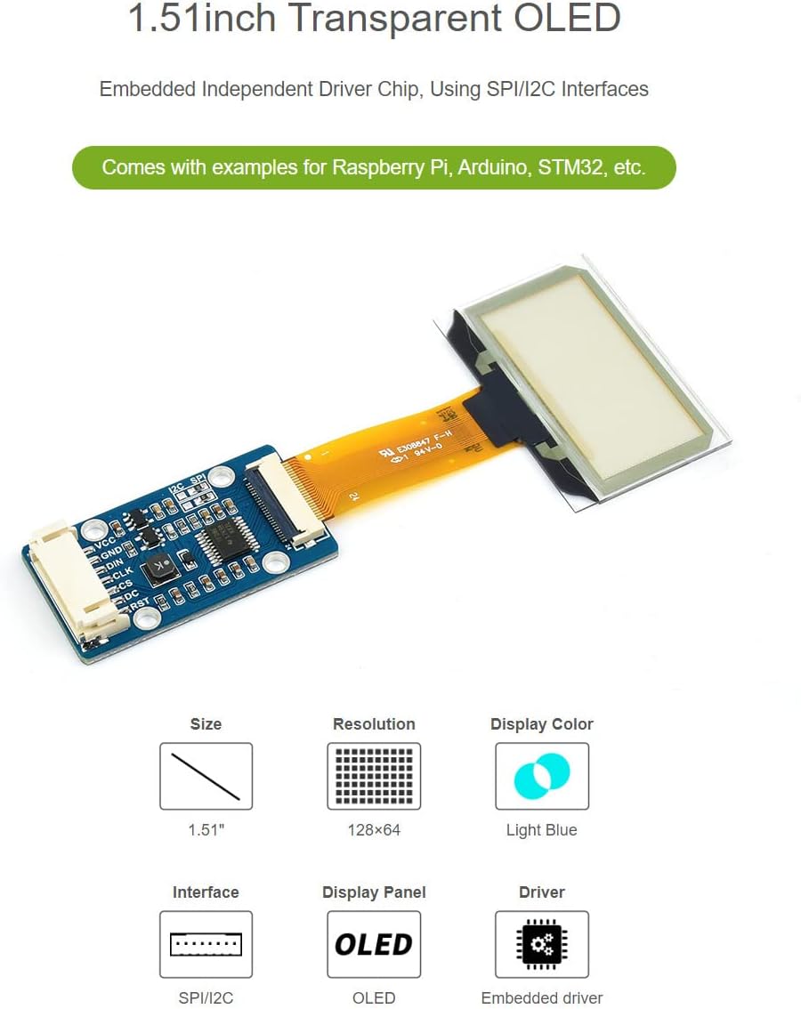 1.51inch 12864 4B/3B+/3A+ SPI/I2C Waveshare Transparent OLED Resolution Compatible with Raspberry Pi Embedded