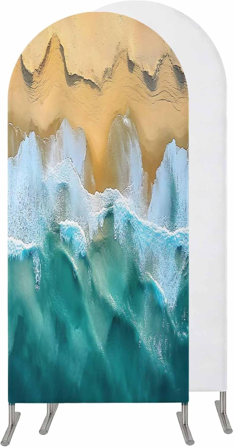 Jnbasdffb 6.6 Blue Coastal Wedding Arch Cover,Stretchy Spandex Arch Backdrop Stand Covers FT,Yellow Beach Ocean Modern