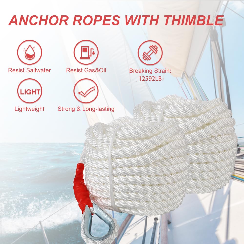 B4B BANG 4 BUCK 3/4" x100' Anchor Rope, Polypropylene Docking Dockline Boat/Sailboat/Mooring/Pull Lines with Thimble, 12592LB Breaking Strain