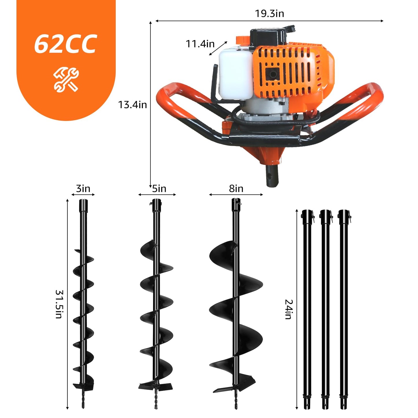 XJADQW 62CC 2-Stroke Gas Powered Post Hole Digger with 3" & 5" & 8" Auger Bits + 24“ & 24" & 24" Extension Rod, Heavy Duty Earth Auger for Farm, Garden, Landscaping, Construction