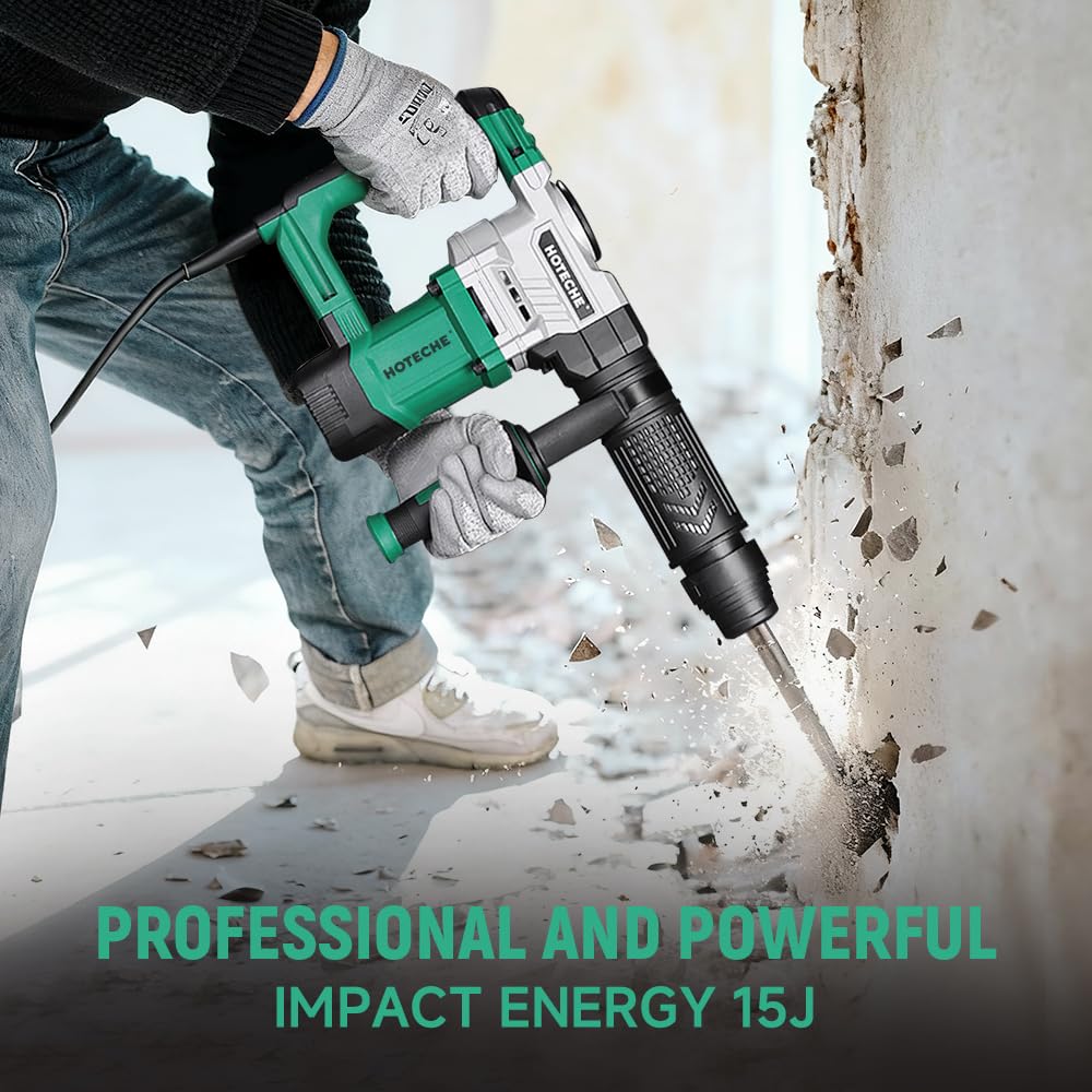 Hoteche 1050W Demolition Hammer, 15J Impact Force Jack Hammer with 4000/min Impact Frequency, Green, Color Box + Plastic Case Packaging