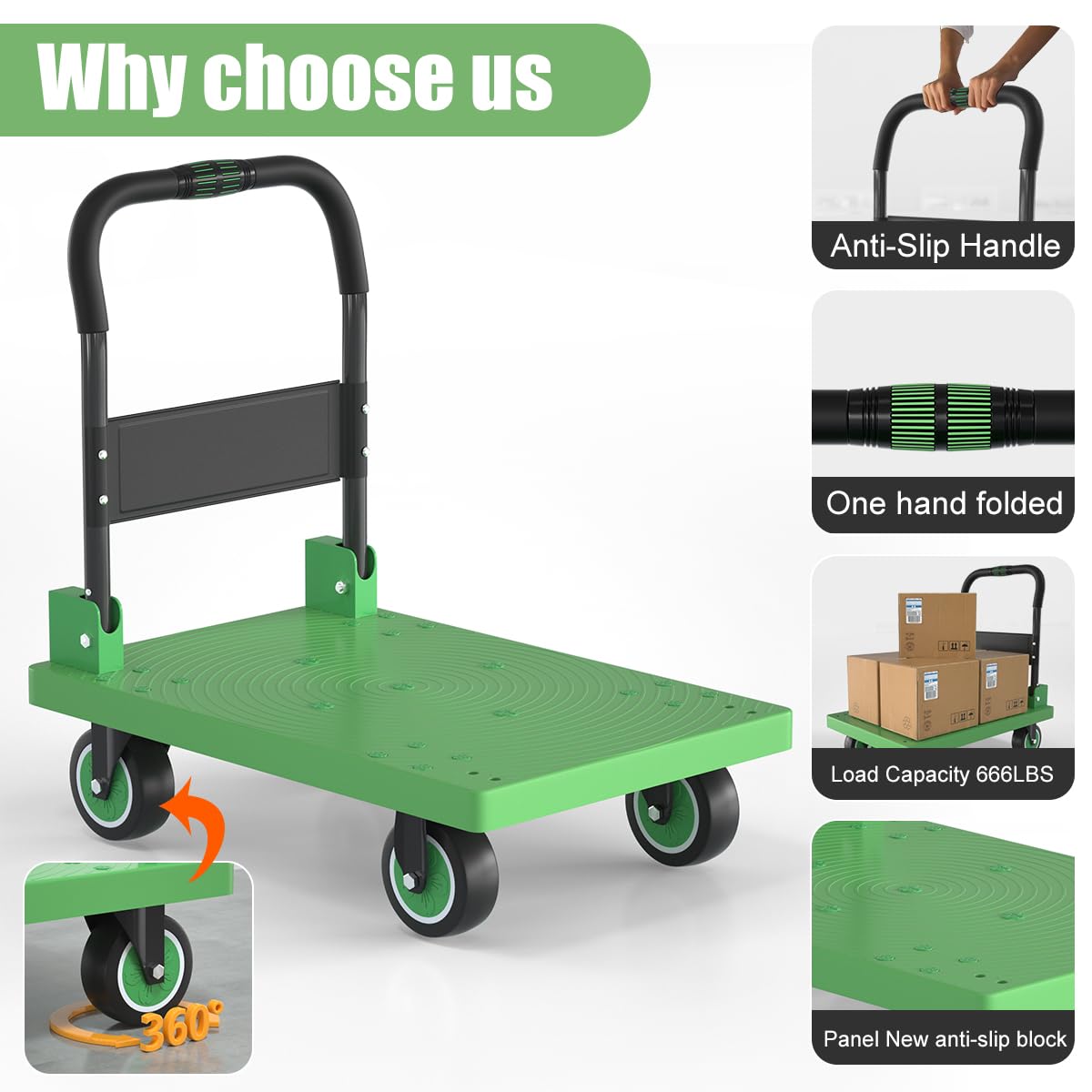 WUD Folding Push Cart Platform Trolley – Thickened Reinforced Steel, 360° Swivel Wheels, 28.7″×19.3″, Load Capacity 661 lb, Green