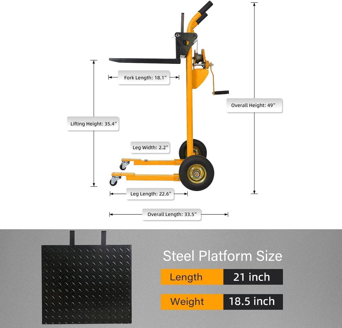 APOLLOLIFT Material Lift Winch Stacker, 440 lbs Capacity 35.4" Lifting Height, Manual Stacker Pallet Jack Truck Dolly with Swivel Casters and Lift Plate