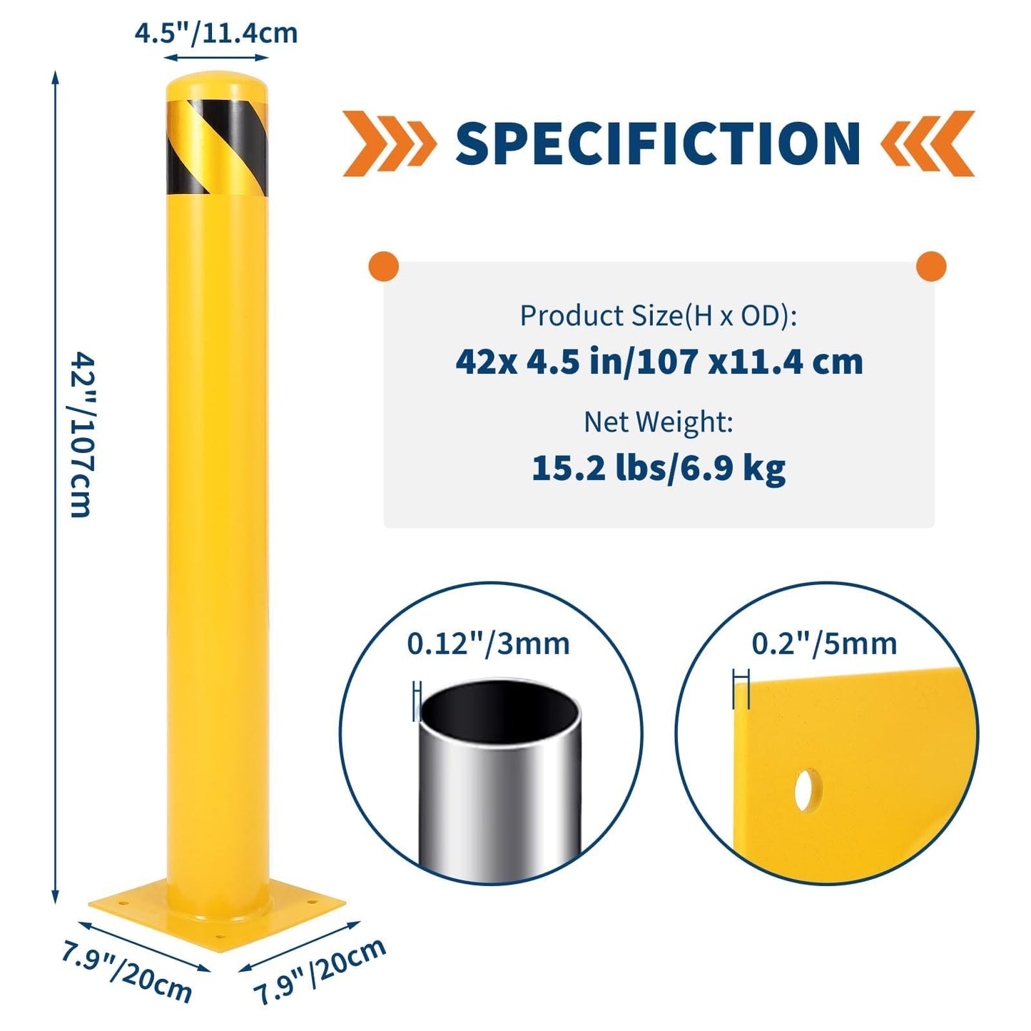 Safety Bollard, 42" Height 4.5" Diameter Steel Post with Anchor Bolts, Yellow Traffic Bollard for Property Protection & Parking Lots (6 Pack)