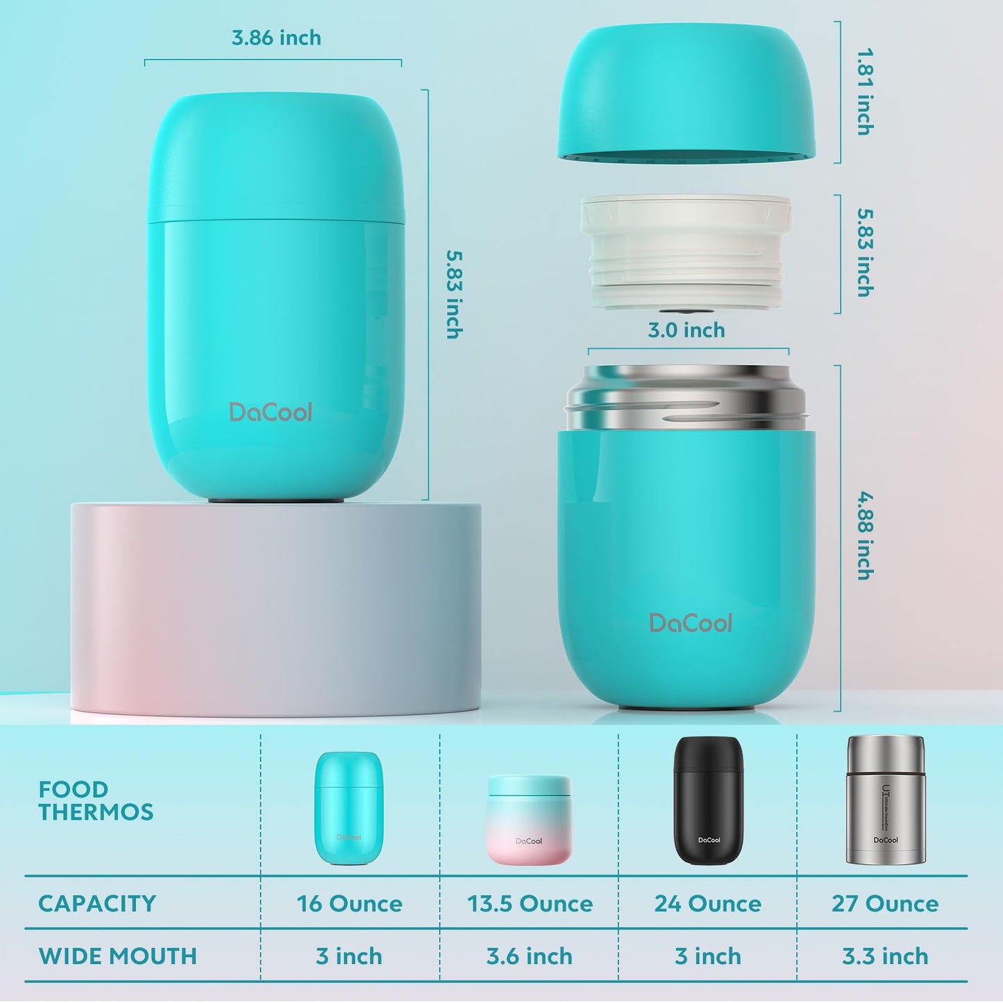 DaCool Food Thermo for Hot Food Insulated Food Jar 16 Ounce Vacuum Stainless Kids Lunch Thermo Container Bento for Kids Adult with Spoon Leakproof for School Office Picnic Travel Outdoors,Cyan Blue