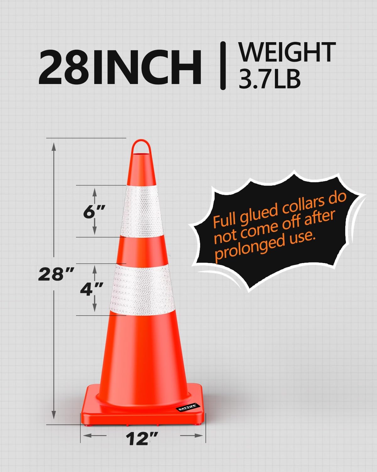 BATTIFE 12 Pack 28 Inch Traffic Safety Cones with Reflective Collars, Heavy Duty Orange Parking Cones for Road Construction and Traffic Control