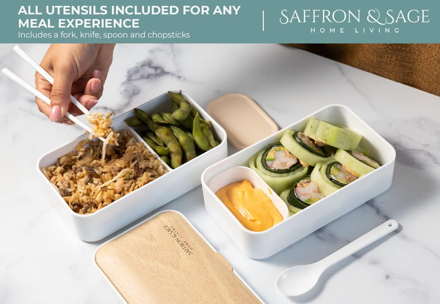 Saffron & Sage Bento Lunch Box - 42oz White Japanese Style Box with Cutlery & Bag | Leak-Proof & Microwave Safe