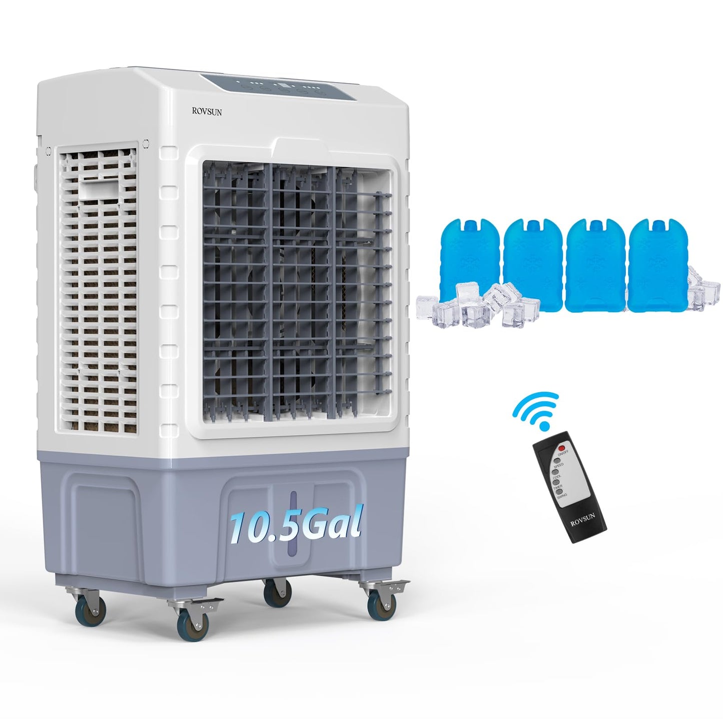 ROVSUN 10.5Gal Portable Swamp Cooler, 2600CFM Evaporative Air Cooler with Auto Oscillating, Remote, 3 Speeds, 7.5H Timer & 4 Ice Packs, 3-IN-1 Humidifying Cooling Fan Indooor Outdoor Patio Garage