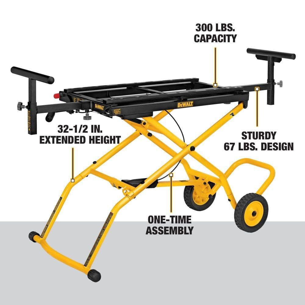 DEWALT Miter Saw Stand With Wheels, 32-1/2 in. x 60 in Foldable Rollling Stand, Adjustable Height, Durable Steel, 8 ft. Material Support, Universal Mounting Rails (DWX726)