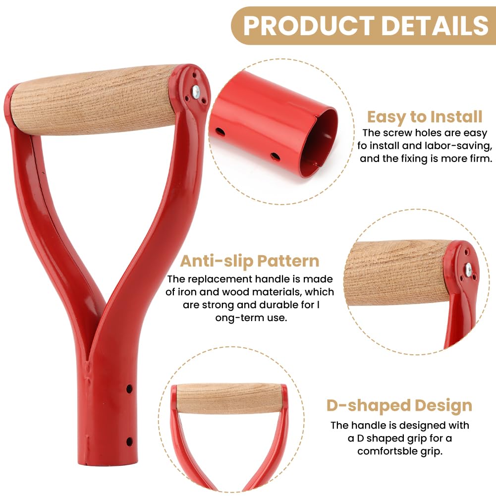 Shovel D Grip Handle, 31mm Inner Diameter Metal Spade Snow Shovel Handle Replacement with Comfortable Grip, D Grip Shovels Replacement for Garden Digging Raking Tool(Red)