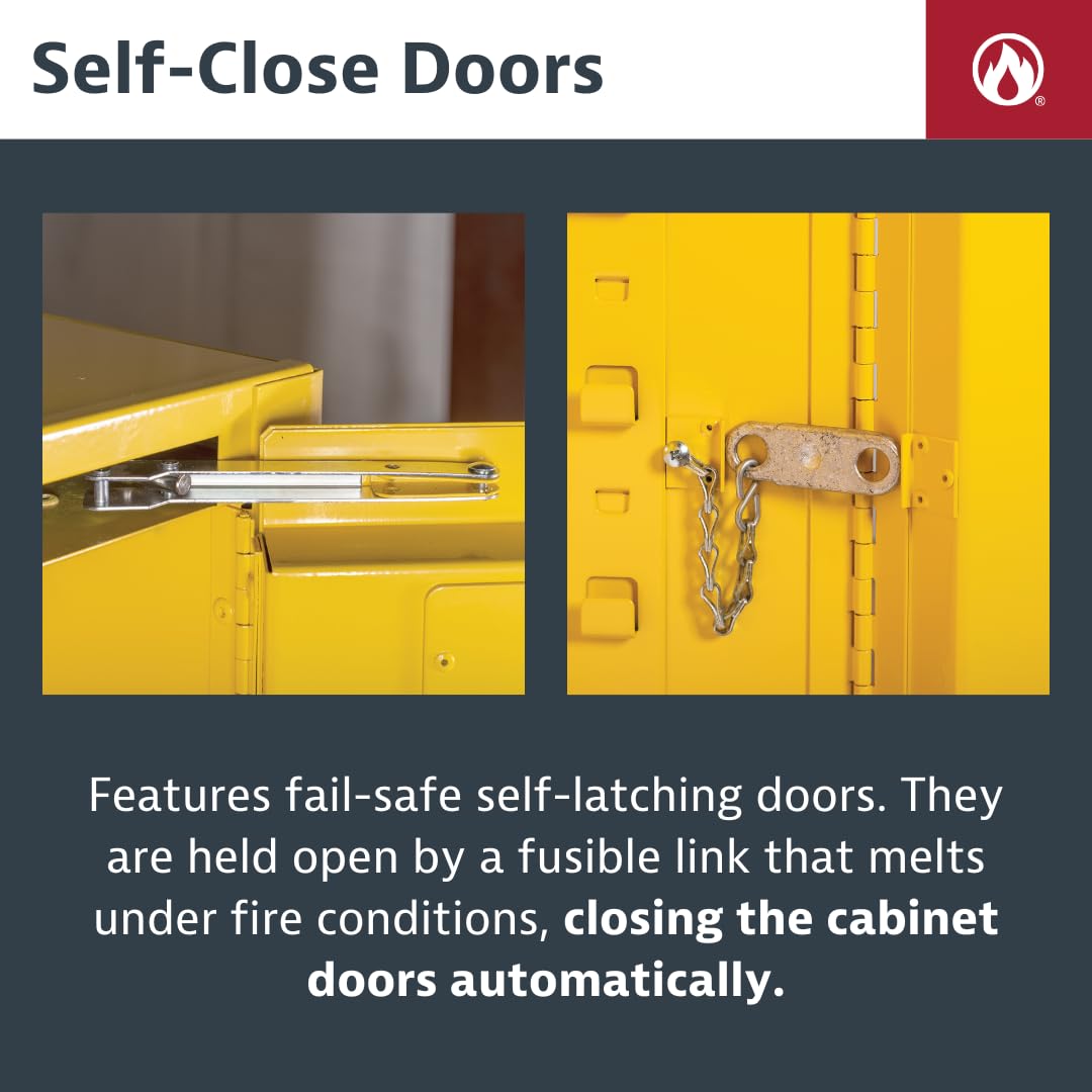 Justrite Utili-Guard 30 Gallon Self Close Flammable Storage Cabinet with 2 Shelf Accessories - 18 Gauge Steel - 2 Door Fire Cabinet - 44" x 43" x 22" - Made in The USA - Yellow - U893020