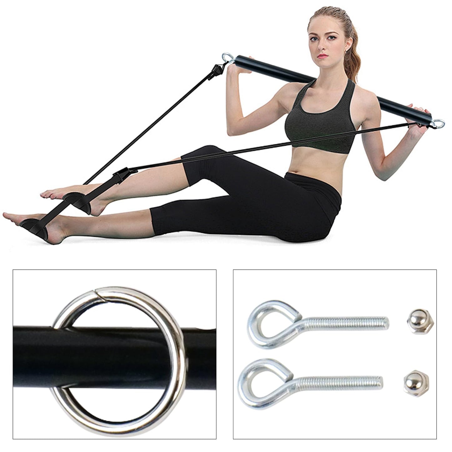 Spreader Bar Black Silver Red Gold Adjustable Exercise Stainless Steel Bar with 2 Fixed Rings, Yoga Training Fitness Gear, Workout Bar,Sports Gym Kit (Black)