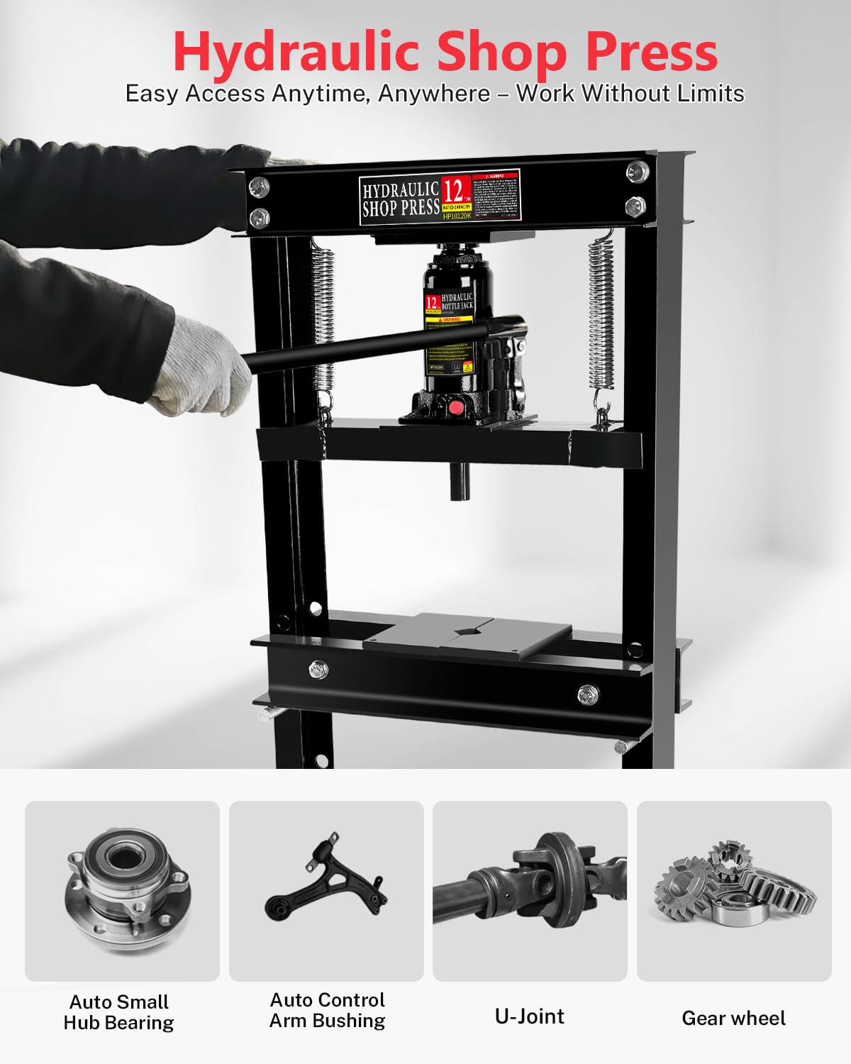 12 Ton Hydraulic Shop Press, Heavy-Duty H-Frame Garage Floor Press with Adjustable Worktable & Stamping Plates, Industrial-Grade Bearing Press for Metal Bending, Straightening, U-Joint & Bushing Insta