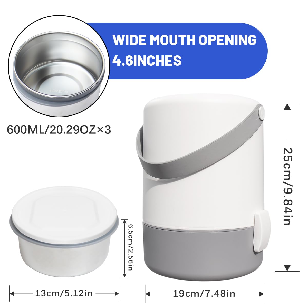 60.87oz Insulated Soup Container,Thermos Container For Hot Food,Contains 3 Tier Stainless Steel Leak Proof Stackable Thermal Food Jar,lunch box Containers For Office Picnic Travel Outdoors (White)