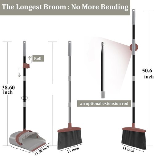 Ivandar Broom and Dustpan Combo Set - 50.6-Inch Long Handle for Effortless Floor Cleaning | Brown and Gray